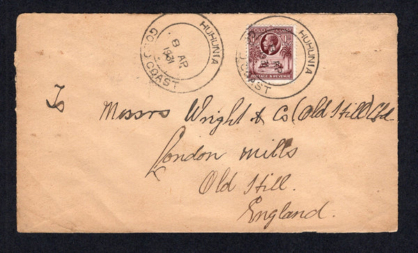 GOLD COAST - 1931 - CANCELLATION: Cover franked with single 1928 1d red brown GV issue (SG 104) tied by fine strike of large double ring HUHUNIA cds dated 8 AP 1931. Addressed to UK with KORFORIDA transit cds. A very scarce cancel with this spelling which was only in use for less than three years between 1928-1931.  (GLD/41177)