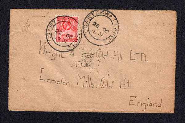 GOLD COAST - 1931 - CANCELLATION: Cover franked with single 1928 1½d scarlet GV issue (SG 105) tied by two fine strikes of large double ring COAST AKWATIA GOLD cds dated 26 OCT 1931, a small postal agency which only opened in April 1931. Addressed to UK with ADEISO and ASAMANKESE transit cds's on reverse. A very scarce use in the first year of operation.  (GLD/41178)