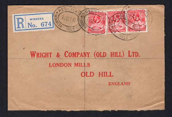 GOLD COAST - 1931 - REGISTRATION: Registered cover franked with 3 x 1928 1½d scarlet GV issue (SG 105) tied by multiple strikes of oval REGISTERED WINNEBA cancels dated 22 OCT 1931 with printed blue on white 'WINNEBA' registration label alongside. Addressed to UK with arrival mark on reverse.  (GLD/41179)
