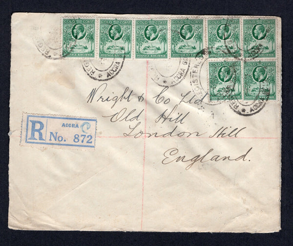 GOLD COAST - 1931 - REGISTRATION: Registered cover franked with 8 x 1928 ½d blue green GV issue (SG 103) tied by multiple strikes of oval REGISTERED ACCRA cancels dated 9 JUN 1931 with printed blue on white 'ACCRA C' registration label alongside (with the 'C' added in blue crayon). Addressed to UK with arrival mark on reverse.  (GLD/41180)