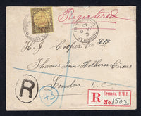 GRENADA - 1910 - REGISTRATION & CANCELLATION: Registered cover franked with single 1908 3d purple on yellow (SG 84) tied by GRENVILLE cds with printed red on white 'Grenada B.W.I.' registration label alongside and 'R' in oval. Addressed to UK with transit and arrival marks on reverse.  (GRE/20071)