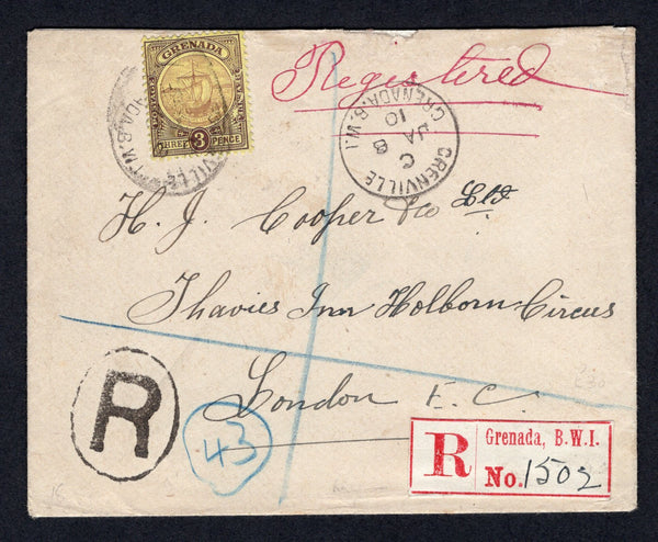 GRENADA - 1910 - REGISTRATION & CANCELLATION: Registered cover franked with single 1908 3d purple on yellow (SG 84) tied by GRENVILLE cds with printed red on white 'Grenada B.W.I.' registration label alongside and 'R' in oval. Addressed to UK with transit and arrival marks on reverse.  (GRE/20071)