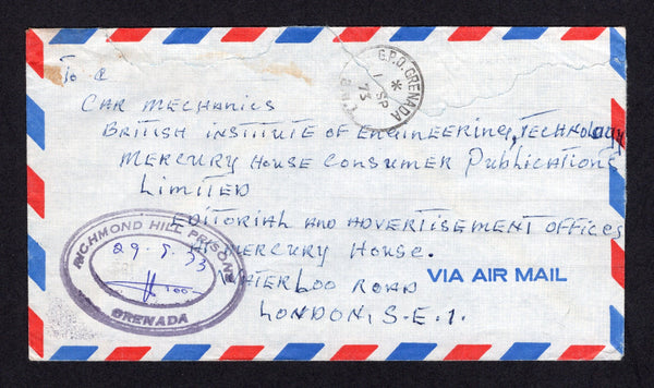 GRENADA - 1973 - PRISON MAIL: Stampless airmail cover with G.P.O. GRENADA cds and good strike of oval 'RICHMOND HILL PRISONS GRENADA' cachet in black with manuscript '29.9.73' date and official signature. Addressed to UK. Cover has been torn from opening and repaired at top.  (GRE/20094)