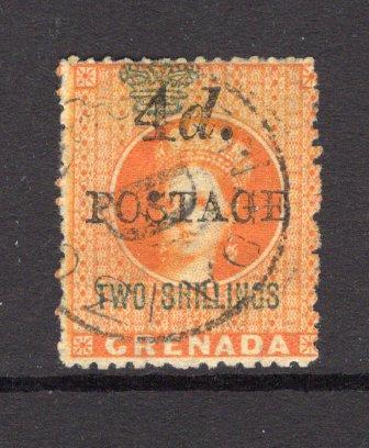 GRENADA - 1888 - PROVISIONAL ISSUE: '4d POSTAGE' on 2/- orange 'Revenue' surcharge issue (4mm spacing), a fine cds used copy. (SG 41)  (GRE/23503)