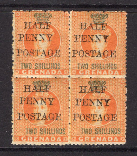 GRENADA - 1888 - MULTIPLE: 'HALF PENNY POSTAGE' on 2/- orange 'Revenue' surcharge issue, a fine mint block of four, some toning on gum. (SG 43)  (GRE/23507)