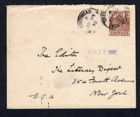 GRENADA - 1930 - CANCELLATION: Cover franked with single 1921 1d brown GV issue (SG 114) tied by fine GRENVILLE cds with second strike alongside. Addressed to USA with GPO GRENADA transit cds on reverse.  (GRE/24121)