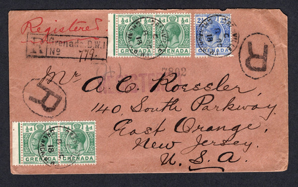 GRENADA - 1918 - REGISTRATION & CANCELLATION: Registered cover franked with 1913 4 x ½d green and 2½d bright blue GV issue (SG 90 & 94) tied by GRENVILLE cds's with two strikes of large 'R' in oval and boxed 'R Grenada B.W.I.' registration markings alongside. Addressed to USA with various transit & arrival marks on front & reverse.  (GRE/26252)