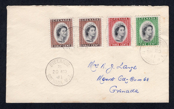 GRENADA - 1961 - CANCELLATION: Cover franked with 1953 2 x ½c black & brown, 1c black & deep emerald and 3c black & carmine red QE2 issue (SG 192/193 & 195) tied by BYELANDS cds's with clear strike alongside. Addressed internally to MOUNT GAY.  (GRE/26254)