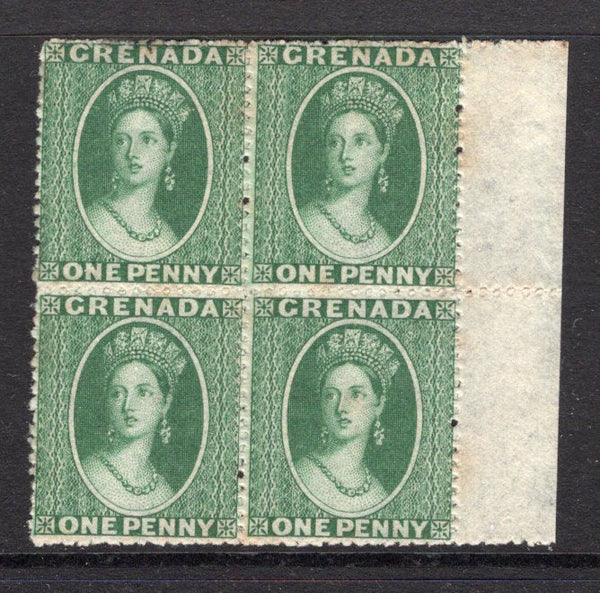 GRENADA - 1861 - MULTIPLE: 1d green 'Chalon' issue, rough perf 14-16, a fine looking side marginal mint block of four. Some very light tone spots on a few perfs otherwise a lovely multiple. (SG 2)  (GRE/27282)
