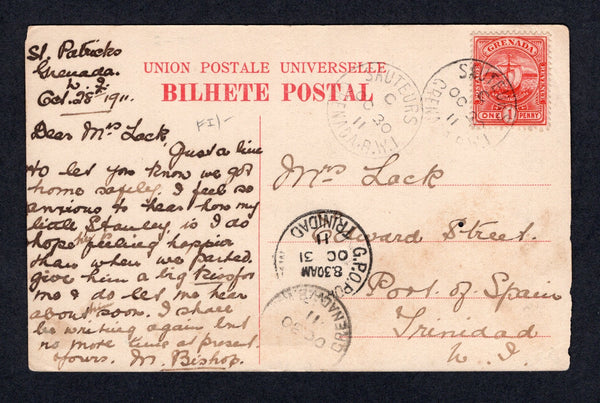 GRENADA  -  1911  -  CANCELLATION: Coloured PPC (of the Azores) written at St Patricks with manuscript endorsement, franked on message side with 1906 1d carmine (SG 78) tied by SAUTEURS cds with second strike alongside.  Addressed to TRINIDAD with arrival cds on front.  (GRE/297)