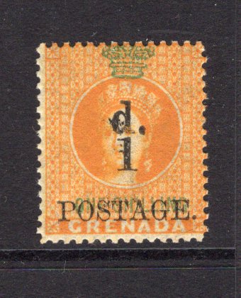 GRENADA - 1886 - PROVISIONAL ISSUE: '1d POSTAGE' on 1/- orange 'Revenue' surcharge issue, a fine mint copy. (SG 38)  (GRE/32644)