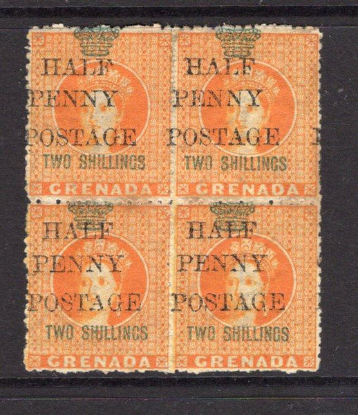 GRENADA - 1888 - MULTIPLE: 'HALF PENNY POSTAGE' on 2/- orange 'Revenue' surcharge issue, a fine mint block of four, some toning on gum. (SG 43)  (GRE/32649)