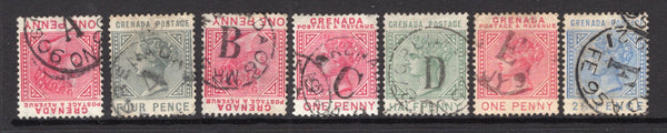 GRENADA - 1883 - CANCELLATION: ½d dull green, 1d red or 2½d ultramarine QV issue, seven stamps used with the set of Parish Code letter cancels with 'A' both thin & thick types, 'B', 'C', 'D', 'E' & 'F'. All fine complete strikes. (SG 30, 32 & 40)  (GRE/32657)