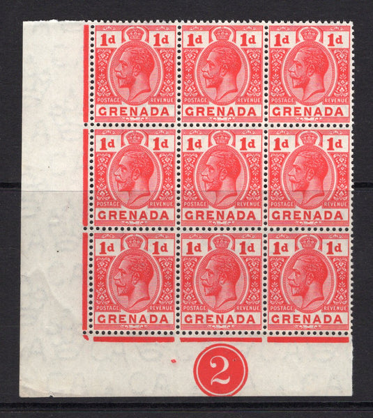 GRENADA - 1913 - MULTIPLE: 1d scarlet GV issue, a superb mint corner marginal block of nine. (SG 92)  (GRE/32664)