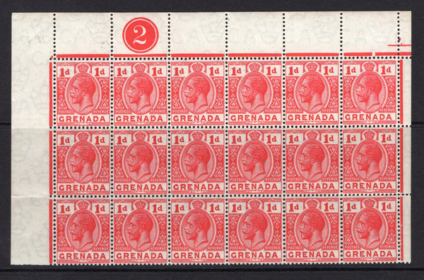 GRENADA - 1913 - MULTIPLE: 1d scarlet GV issue, a superb mint marginal block of eighteen comprising three complete rows of the sheet with sheet margins on three sides and '1' plate number in top margin. A scarce multiple. (SG 92)  (GRE/32665)