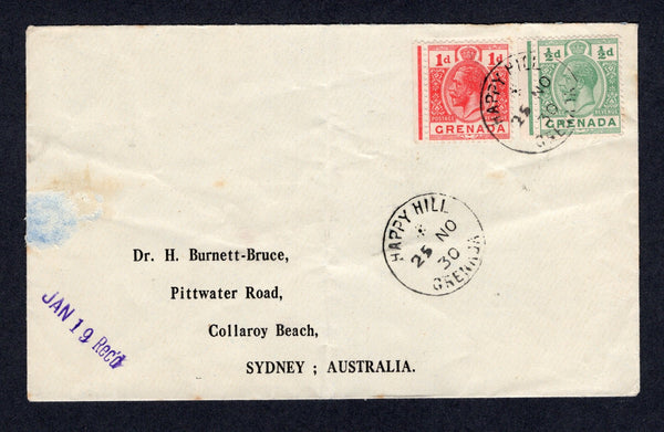 GRENADA - 1930 - CANCELLATION & DESTINATION: Cover franked with 1921 ½d green & 1d carmine red GV issue (SG 112/113) tied by fine strike of HAPPY HILL cds dated 25 NOV 1930 with fine second strike alongside. Addressed to AUSTRALIA. Cover has small surface fault at left away from stamps and markings.  (GRE/32870)