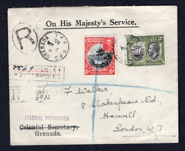 GRENADA - 1935 - OFFICIAL MAIL & REGISTRATION: Printed 'On His Majesty's Service' official envelope franked with 1934 1½d black & scarlet and 3d black & olive green GV issue (SG 137 & 140) tied by G.P.O. GRENADA cds's dated 7 JAN 1935 with handstruck registration markings alongside. Addressed to UK with transit & arrival marks on reverse.  (GRE/32875)