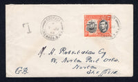 GRENADA - 1948 - CANCELLATION: Cover franked with single 1938 2d black & orange GVI issue (SG 156b) tied by GOUYAVE cds dated 7 AUG 1948 with second strike alongside and small unframed 'T' tax marking. Addressed to UK with transit cds on reverse and no evidence that the postage due was collected.  (GRE/32876)