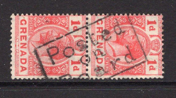 GRENADA - 1921 - MARITIME & CANCELLATION: 1d carmine red GV issue, a vertical pair used with fine strike of boxed 'POSTED ON BOARD' Barbados maritime cancel. (SG 113)  (GRE/33407)
