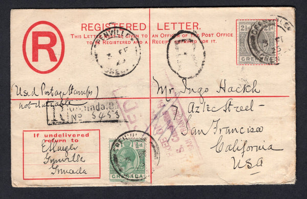GRENADA - 1925 - POSTAL STATIONERY, REGISTRATION & CANCELLATION: 2d dark blue & red postal stationery registered envelope (H&G C5a) used with added 1921 ½d green and 2½d grey GV issue (SG 112 & 118) tied by GRENVILLE cds's dated 3 FEB 1925 with oval 'R' and boxed 'Grenada B.W.I.' registration markings alongside. Addressed to USA with transit & arrival marks on front & reverse.  (GRE/34512)