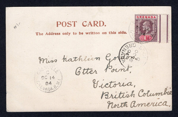 GRENADA - 1904 - CANCELLATION: Black & white PPC 'Principal's House, Codrington College, Barbados' franked on message side with 1902 1d dull purple & carmine EVII issue (SG 58) tied by GRENVILLE cds dated OCT 14 1904 with fine second strike alongside. Addressed to CANADA with transit and arrival marks on front & reverse.  (GRE/34517)