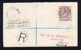 GRENADA - 1924 - REGISTRATION & CANCELLATION: Registered cover franked with single 1921 6d dull & bright purple GV issue (SG 125) tied by UNION cds dated 6 JAN 1924 with fine second strike alongside and boxed 'Grenada B.W.I.' and 'R' in oval registration markings on front. Addressed to UK with transit & arrival marks on reverse. A scarcer origination.  (GRE/34519)
