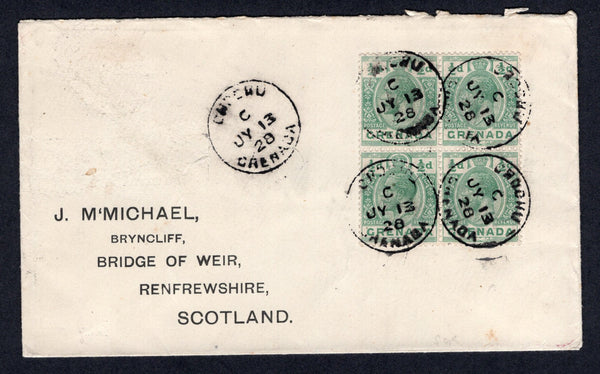 GRENADA - 1928 - CANCELLATION: Cover franked with block of four 1921 ½d green GV issue (SG 112) tied by multiple strikes of CROCHU cds dated JUL 13 1928. Addressed to UK with transit cds's on reverse.  (GRE/34521)