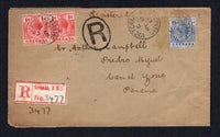 GRENADA - 1916 - CANCELLATION, REGISTRATION & DESTINATION: Registered cover franked with 1913 pair 1d red and 2½d bright blue GV issue (SG 91 & 94) tied by VICTORIA cds's dated MAY 12 1913 with printed red on white registration label alongside. Addressed to PEDRO MIGUEL, CANAL ZONE, PANAMA with transit and arrival marks on reverse. A scarce destination.  (GRE/35619)