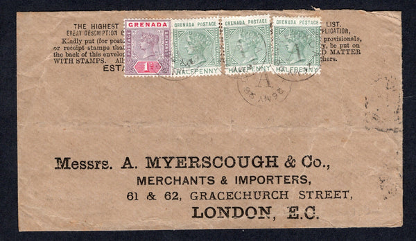 GRENADA - 1897 - CANCELLATION: Cover franked with 3 x 1883 ½d dull green & 1895 1d mauve & carmine QV issues (SG 30 & 49) tied by multiple strikes of Parish code 'A' cds of GOUYAVE P.O. dated 26 MAY 1898. Addressed to UK with ST. GORGES transit cds and UK arrival cds on reverse. Cover has some opening faults at base which are barely noticeable.  (GRE/35623)