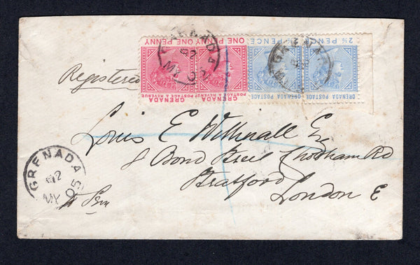 GRENADA - 1892 - QV ISSUE & REGISTRATION: Registered cover franked with 1883 pair 2½d ultramarine and 1887 2 x 1d carmine QV issue (SG 32 & 40) tied by GRENADA cds's dated MAY 5 1892 with large 'R' in oval on reverse. Addressed to UK with oval REGISTERED LONDON arrival mark on reverse.  (GRE/35929)