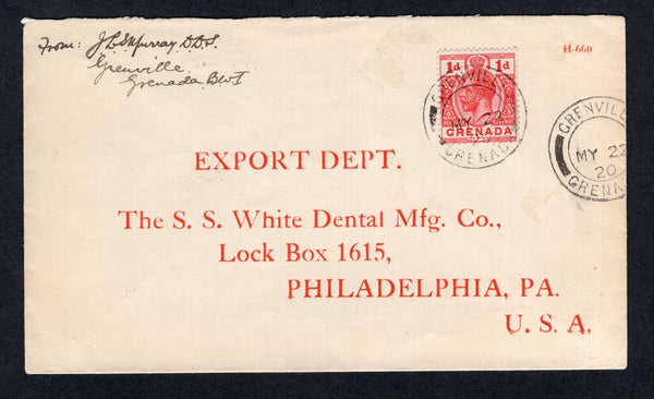 GRENADA - 1920 - CANCELLATION: Cover franked with single 1913 1d scarlet GV issue (SG 92) tied by fine strike of GRENVILLE cds dated MAY 22 1920 with fine second strike alongside. Addressed to USA with transit cds on reverse.  (GRE/37157)