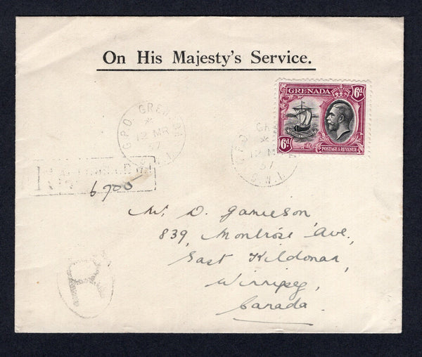 GRENADA - 1937 - OFFICIAL MAIL & REGISTRATION: Registered printed 'On His Majesty's Service' cover franked with single 1934 6d black & purple GV issue (SG 141) tied by G.P.O. GRENADA cds dated 12 MAR 1937 with light strike of boxed registration marking alongside. Addressed to CANADA with transit & arrival marks on reverse.  (GRE/37158)