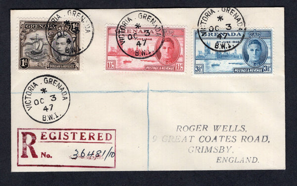 GRENADA - 1947 - REGISTRATION & CANCELLATION: Registered 'Wells' cover franked with 1938 1d black & sepia GVI issue and 1946 1½d carmine and 3½d blue GVI 'Victory' issue (SG 154 & 164/165) tied by four fine strikes of VICTORIA GRENADA cds dated OCT 3 1947 with large boxed 'REGISTERED' marking in red alongside. Addressed to UK with G.P.O. GRENADA and TRINIDAD REGISTRATION transit cds's on reverse.  (GRE/37159)