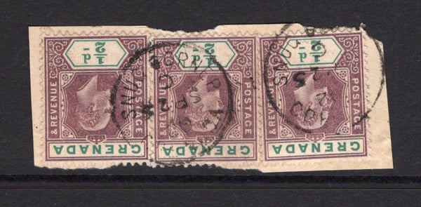GRENADA - 1902 - CANCELLATION: ½d dull purple & green EVII issue, three copies tied on piece by two strikes of SNUG CORNER cds dated SEP 25 1902. (SG 57)  (GRE/37456)