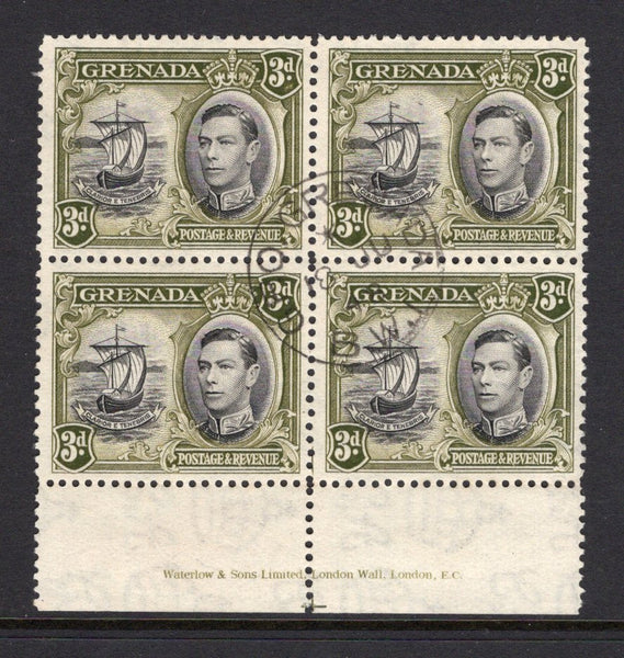 GRENADA - 1938 - MULTIPLE: 3d black & olive green GVI issue a fine marginal block of four with 'Waterlow & Sons Limited, London Wall, London E.C.' IMPRINT in margin used with central G.P.O. GRENADA cds dated 18 JUN 1948. (SG 158)  (GRE/39240)