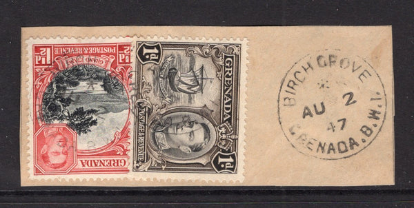 GRENADA - 1947 - CANCELLATION: 1d black & sepia and 1½d black & scarlet GVI issue tied on piece by BIRCH GROVE cds's with fine strike alongside dated AU 2 1947. (SG 154/155)  (GRE/6489)
