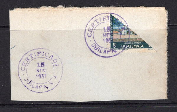 GUATEMALA - 1951 - CANCELLATION & BISECT: 8c 'San Cristobal Church' issue BISECTED DIAGONALLY tied on piece by CERTIFICADOS CUILAPA S.R. cds with second strike alongside. (SG 498)  (GUA/17080)