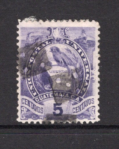 GUATEMALA - 1886 - CANCELLATION: 5c deep violet 'Quetzal' issue fine used with two strikes of NUMBER FIVE 'DICE' cancel in black. Unrecorded in 'The Postal Markings of Guatemala'. (SG 46)  (GUA/19223)