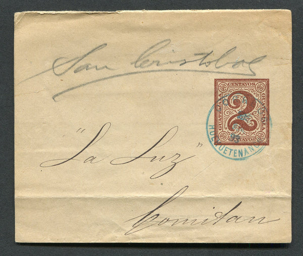 GUATEMALA - 1893 - POSTAL STATIONERY & CANCELLATION: 2c brown on manila paper postal stationery wrapper (H&G E2) used with fine CORREOS HUEHUETENANGO cds in turquoise. Addressed to COMITAN.  (GUA/20701)