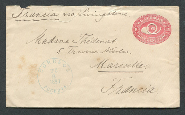 GUATEMALA - 1893 - CANCELLATION: 10c rose postal stationery envelope (H&G B5a) used with fine blue CORREOS POCHUTA cds. Addressed to FRANCE with GUATEMALA CITY transit and MARSEILLE arrival marks on reverse. Roughly opened at top.  (GUA/2293)