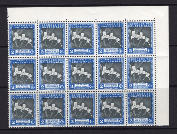 GUATEMALA - 1939 - MULTIPLE: 2c black & ultramarine 'Flower' issue, a fine unmounted mint corner block of fifteen. (SG 401)  (GUA/23601)