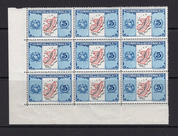 GUATEMALA - 1939 - MULTIPLE: 5c scarlet & blue 'Map' issue, a fine unmounted mint corner block of nine. (SG 404)  (GUA/23602)