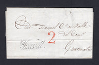 GUATEMALA - 1835 - PRESTAMP: Complete folded letter from IZABAL to GUATEMALA CITY with superb strike of italic 'IZAVAL' marking in black with handstruck '2' rate marking in red alongside. Very fine.  (GUA/24755)