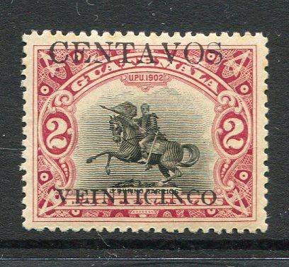 GUATEMALA - 1916 - VARIETY: 25c on 2c black & lake with variety shifted overprint resulting in the lines CENTAVOS and VEINTICINCO being transposed. A fine mint copy. It's thought that only one sheet occurred with this error. (SG 154 variety)  (GUA/2540)