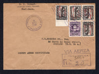 GUATEMALA - 1930 - AIRMAIL ISSUE: Registered cover franked with 1929 set of four surcharges on the 15p black 'Train' issue plus the 3c on 2p 50c purple (SG 239/243) all tied by 'Wavy Lines' cancels with CENTRAL CERTIFICADOS GUATEMALA cds and large boxed registration marking all alongside. Sent airmail to USA with arrival cds on reverse.  (GUA/26759)