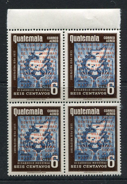 GUATEMALA - 1963 - COMMEMORATIVE: 6c grey blue & sepia with 'President's Reunion' commemorative overprint in red, a fine unmounted mint marginal block of four. (SG 677)  (GUA/28610)