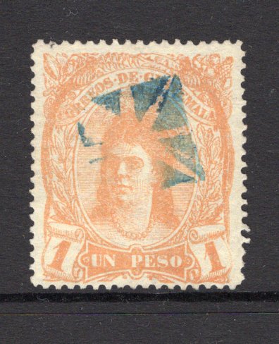 GUATEMALA - 1878 - INDIAN WOMAN ISSUE: 1p yellow orange 'Indian Woman' issue a fine used copy with neat 'Cork' cancel in blue. Scarce. (SG 14)  (GUA/30026)