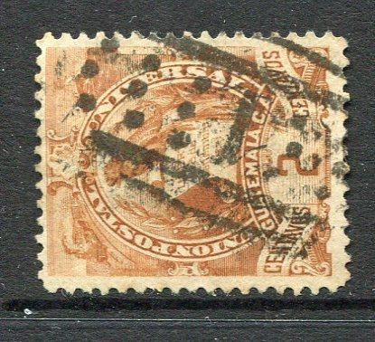 GUATEMALA - 1886 - CANCELLATION: 2c yellow brown 'Quetzal' issue superb used with fine strike of LARGE NUMERAL '1' of GUATEMALA CITY in black. (SG 44)  (GUA/30119)