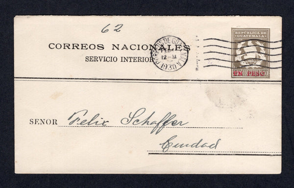 GUATEMALA - 1930 - POSTAL STATIONERY: 'UN PESO' on 2p 50c brown postal stationery notification envelope (H&G NB2) with 'CORREOS NACIONALES SERVICIO INTERIOR' overprint in black (Guatemala Handbook Type D). A fine used example with GUATEMALA CITY machine cancel dated FEB 1930 on front and circular 'RECEPTORIA DE CERTIFICADOS ADMINISTRACION CENTRAL GUATEMALA' cds in purple and large circular 'CARTEROS 3 GUATEMALA' marking both on reverse. Addressed locally within GUATEMALA CITY.  (GUA/30198)
