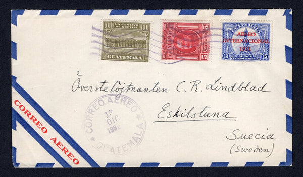 GUATEMALA - 1932 - AIRMAIL & DESTINATION: Airmail cover franked with 1929 5c carmine red, 1931 15c ultramarine with 'AEREO INTERNACIONAL 1931' overprint and 1927 1c olive green TAX issue (SG 232, 262 & 223) tied by 'Wavy Lines' cancel with large CORREO AEREO GUATEMALA cds dated 12 DEC 1932 alongside. Addressed to ESKILSTUNA, SWEDEN.  (GUA/30213)